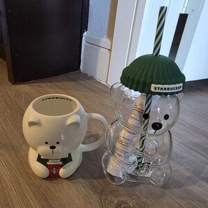 Starbucks White Bear Mug and Clear Bear Tumbler with Green Hat & Hello Kitty Set